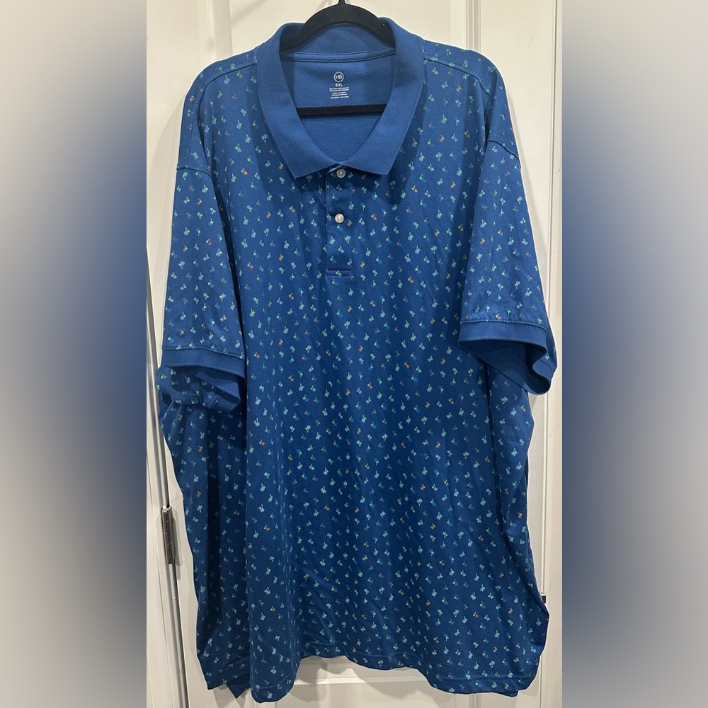 Men’s Harbor Bay Blue Tropical Floral Hawaiian Blue Stretch Polo Shirt- Size 6XL